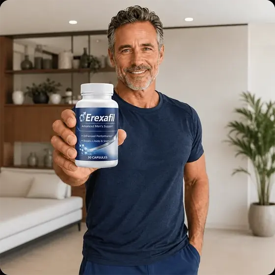 A man in his fifties holding a bottle of Erexafil men's support capsules at home