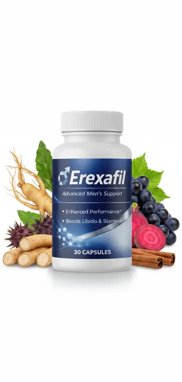 Erexafil men's support capsule bottle surrounded by formula botanicals: ginseng root, grapes, beetroot and cinnamon
