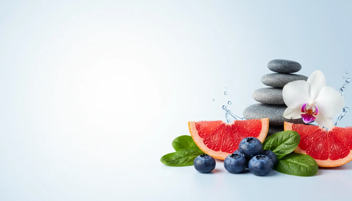 Fresh whole foods and spa stones beside the Erexafil men's wellness routine