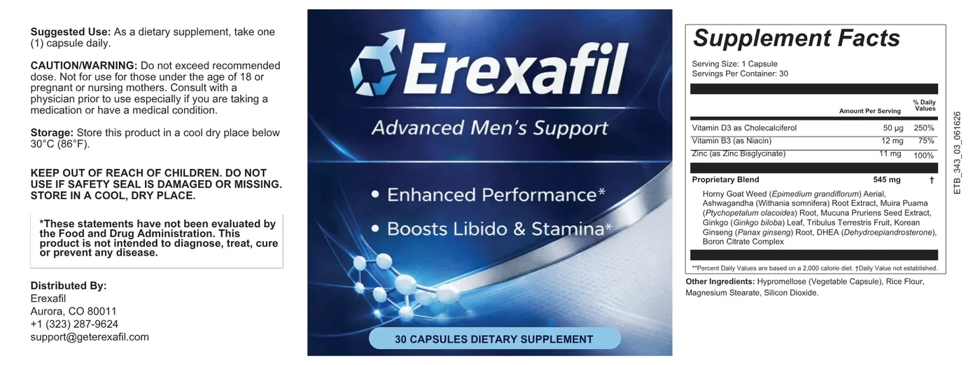 Erexafil Supplement Facts panel listing vitamin D3 50 mcg, vitamin B3 12 mg, zinc 11 mg and a 545 mg proprietary blend